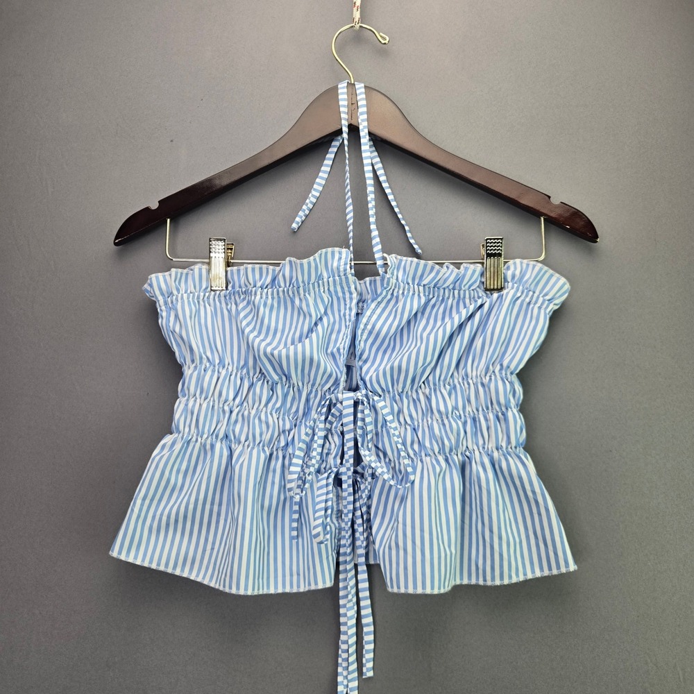 SHEIN Halter Top Smocked Peplum Crop S Blue White Stripe Lace Up Summer Y2K